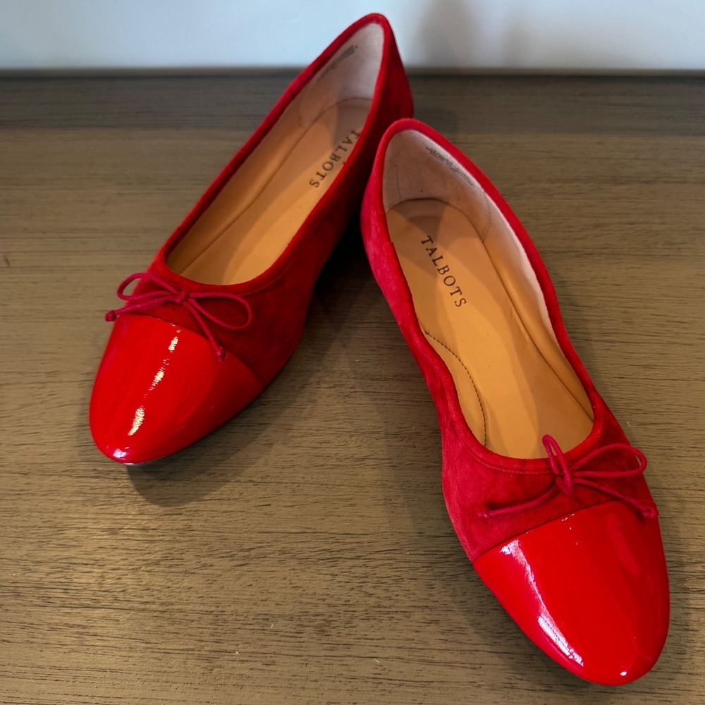 Talbots Women 9 M Red Suede Patent‎ Cap Toe Ballet Flats Bow Detail Low Heel - Picture 6 of 13